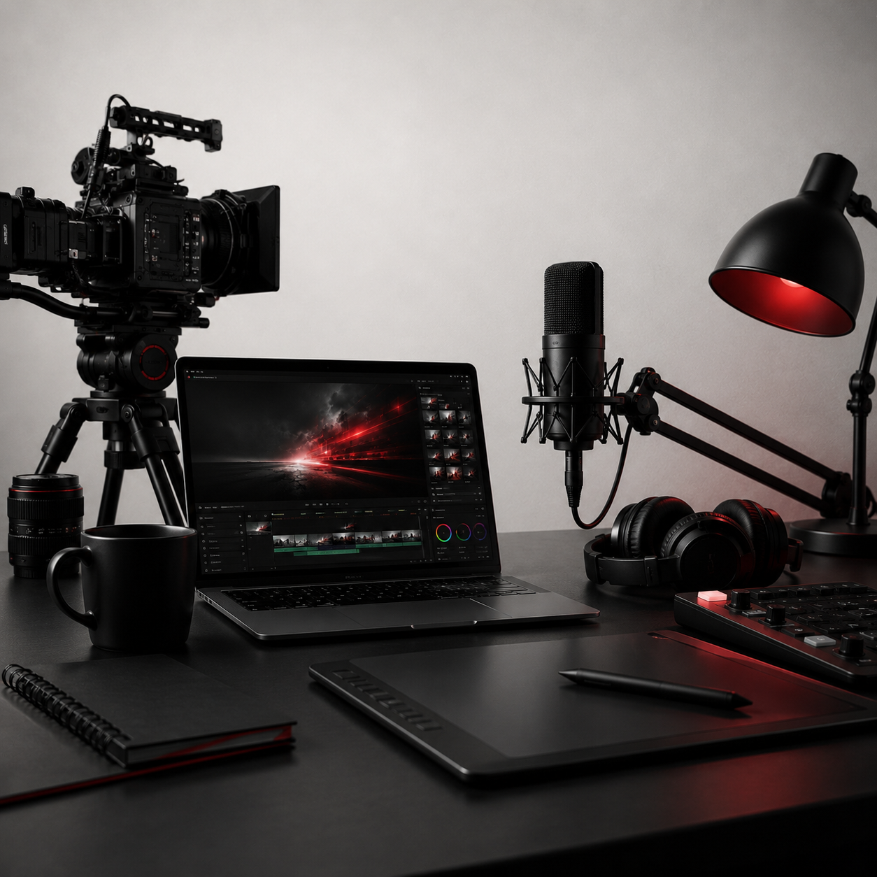Creator workspace with cinema camera, editing laptop, microphone, headphones, audio mixer, and production tools in a dark red-and-black studio setup.