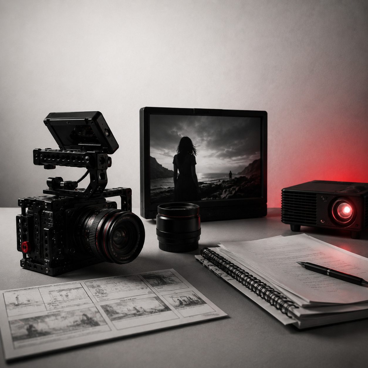 Independent film production workspace with cinema camera, storyboard pages, script notes, projector, and monitor showing a dramatic coastal scene.