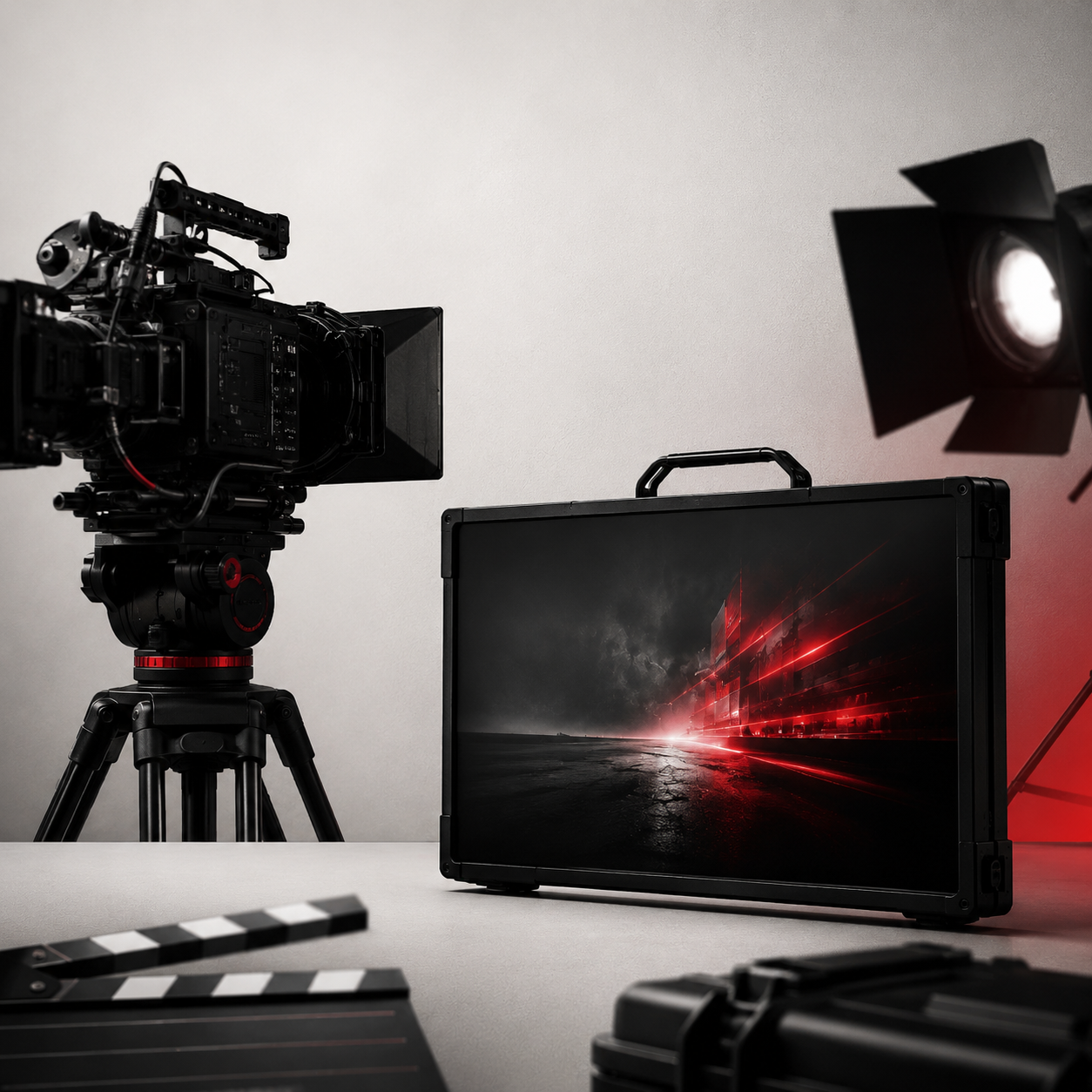 Professional film production setup with cinema camera, studio light, clapperboard, and Eleven07 visual displayed on a production monitor.